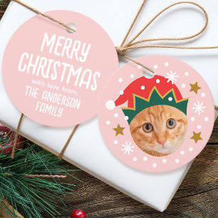 Étiquettes Cadeau Christmas Custom Photo Name Funny Elf Rose Cadeau