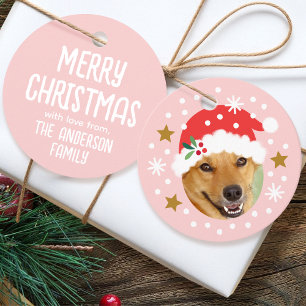 Étiquettes Cadeau Christmas Custom Photo Name Funny Père Noël Pink C