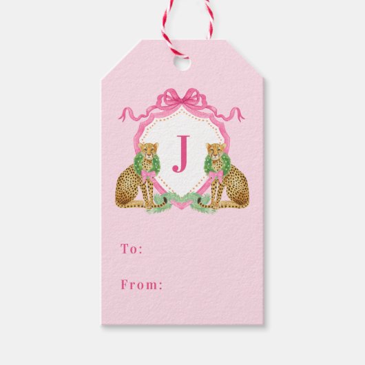 Étiquettes-cadeau Christmas Wreath Leopard Crest Monogram (Devant)