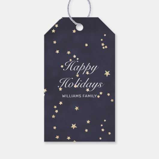 Étiquettes-cadeau Ciel nocturne et étoiles d'or joyeuses vacances (Devant)
