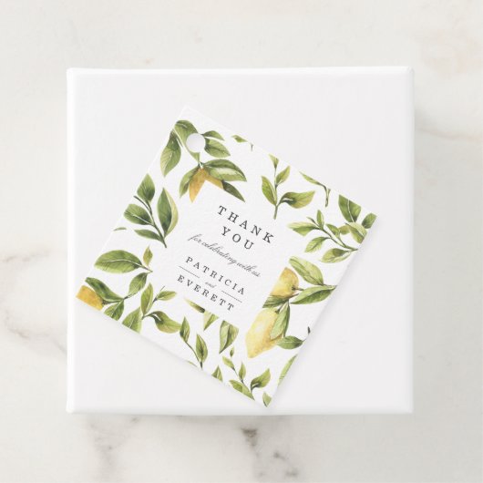 Étiquettes Cadeau Citrons jaunes et feuillage chic Merci mariage (En situation)