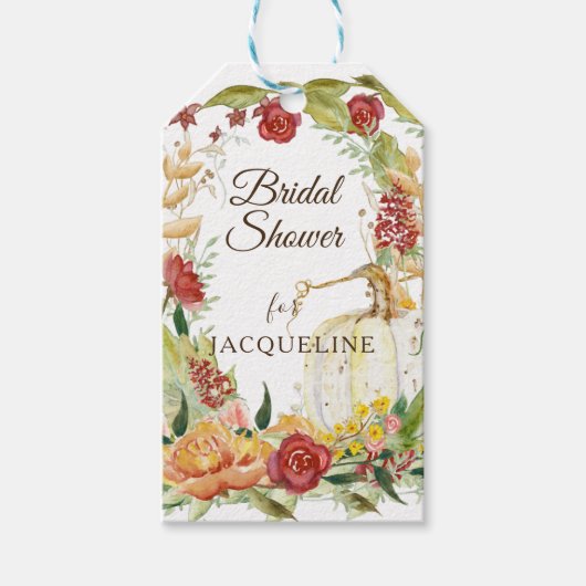 Étiquettes-cadeau Citrouille blanc de couronne de fleurs automne Fêt (Devant)