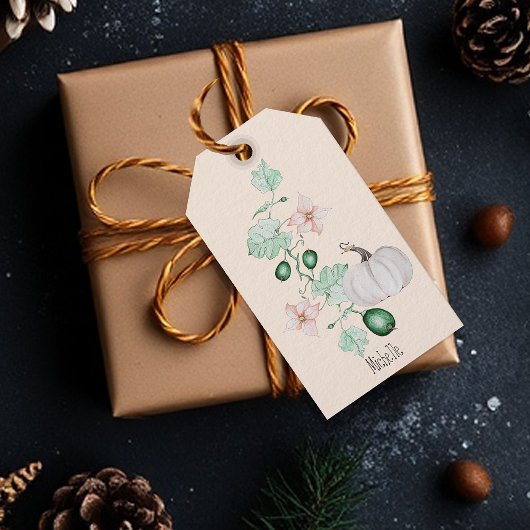 Étiquettes-cadeau Citrouille Blanc Et Fleurs Aquarelle Art