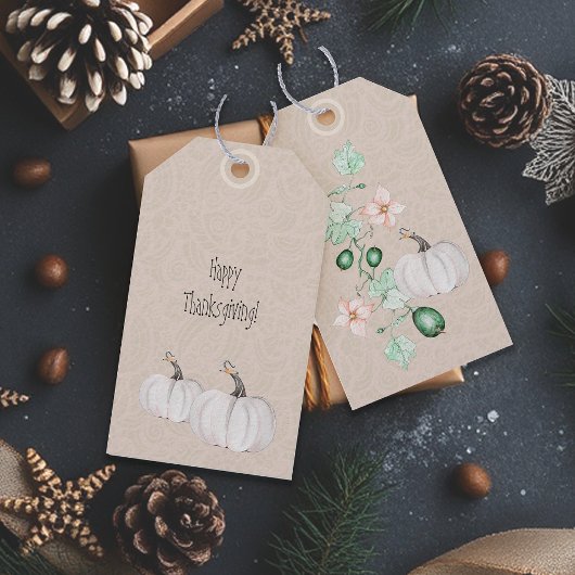 Étiquettes-cadeau Citrouille Blanc Et Fleurs Aquarelle Art