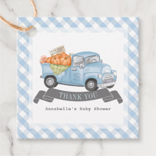 Étiquettes Cadeau Citrouille bleu Camion En vichy Baby shower garçon