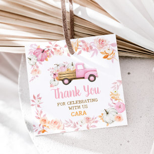 Étiquettes Cadeau Citrouille rose Camion Automne Anniversaire Carré