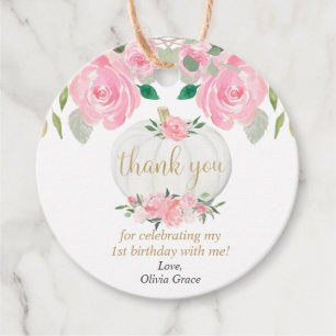 Étiquettes Cadeau Citrouille rose or chute floral fille anniversaire
