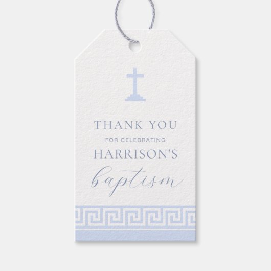 Étiquettes-cadeau Clé grecque Bleu Baptême bleu Merci (Devant)