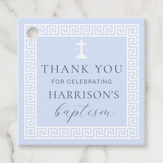Étiquettes Cadeau Clé grecque Merci Baptême Bleu (Devant)
