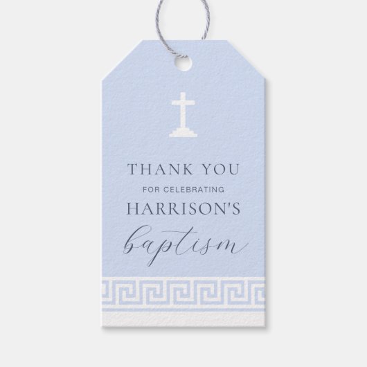 Étiquettes-cadeau Clé grecque Merci Baptême Bleu (Devant)