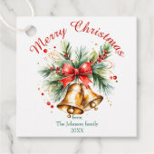 Étiquettes Cadeau Cloches d'or avec Bow rouge Noël (Devant)