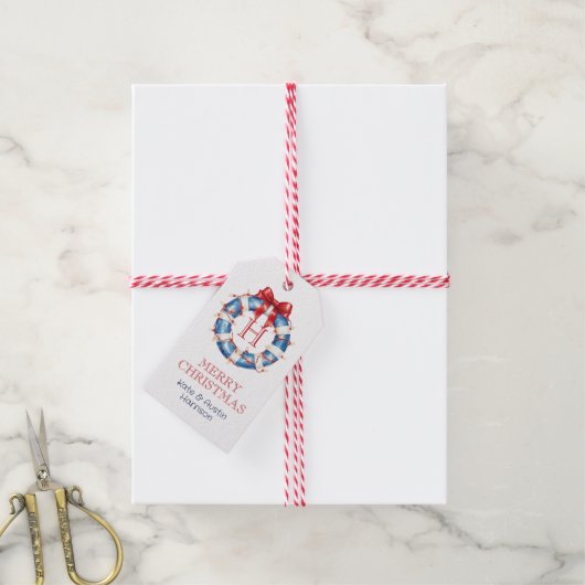 Étiquettes-cadeau Coastal Christmas Monogram Bow Nautical (Avec de la ficelle)