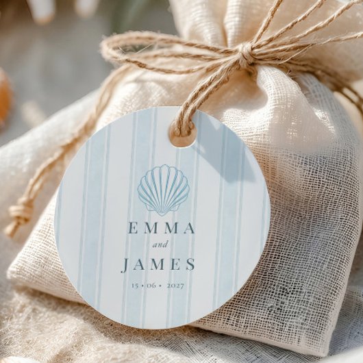 Étiquettes Cadeau Coastal Seashell White Blue Wedding 