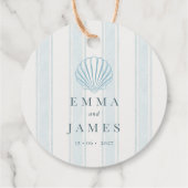Étiquettes Cadeau Coastal Seashell White Blue Wedding  (Dos)
