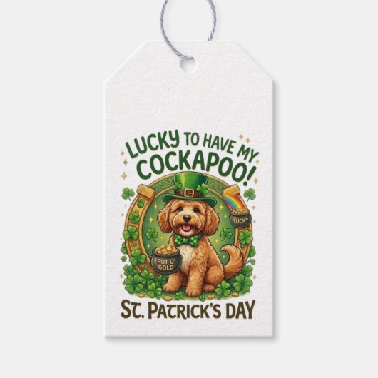 Étiquettes-cadeau Cockapoo Saint-Patrick Pot d'or Chien Chanceux (Devant)