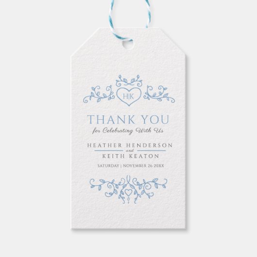 Étiquettes-cadeau Coeur d'art feuille monogramme bleu mariage merci (Devant)
