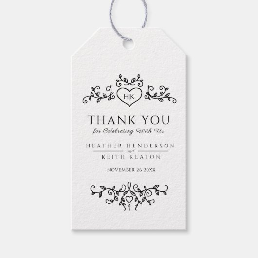 Étiquettes-cadeau Coeur d'art feuille monogramme mono mariage merci (Devant)