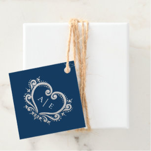 Étiquettes Cadeau Coeur décoratif argenté monogramme bleu foncé mari