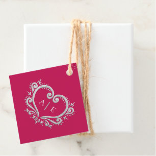 Étiquettes Cadeau Coeur décoratif argenté monogramme mariage rouge b