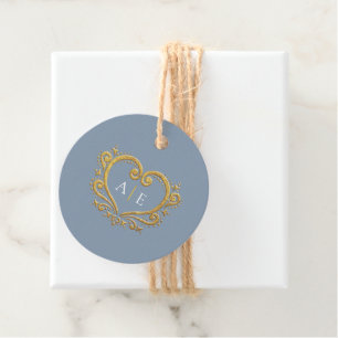 Étiquettes Cadeau Coeur décoratif or monogramme bleu poussiéreux mar