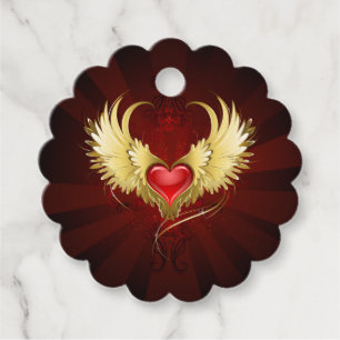 Étiquettes Cadeau Coeur rouge avec ailes d'or