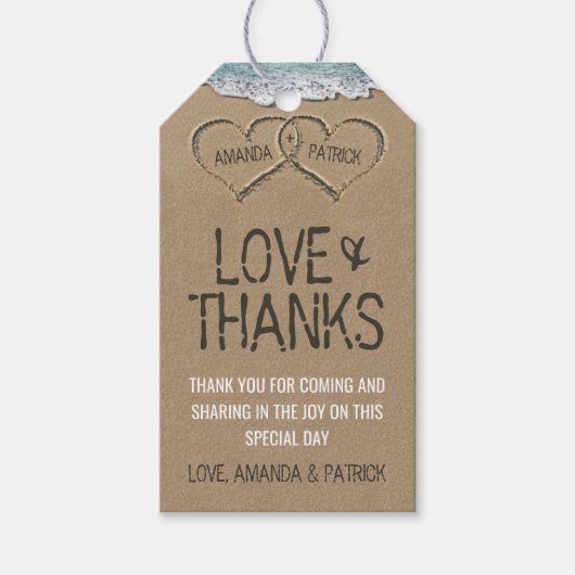 Étiquettes-cadeau Coeurs dans le Mariage de plage de sable Merci (Devant)