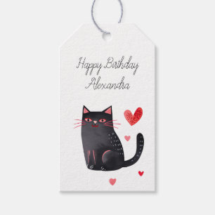 Étiquettes-cadeau Coeurs de chat rose noir Anniversaire
