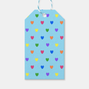 Étiquettes-cadeau Coeurs de polka arc-en-ciel sur bleu bébé