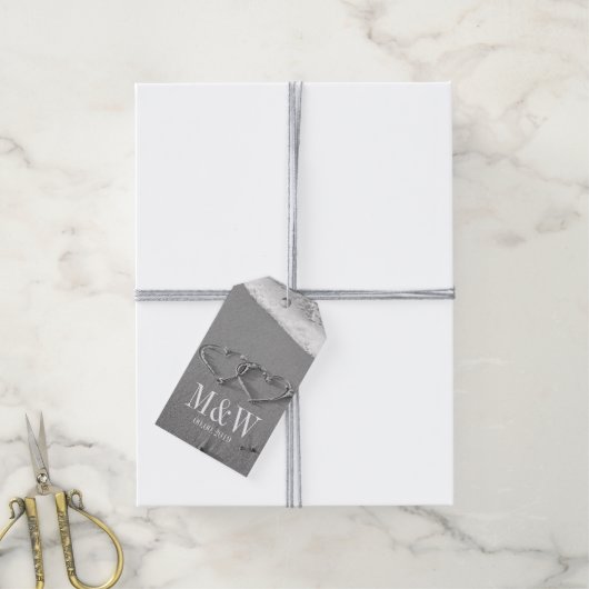 Étiquettes-cadeau Coeurs dessinés dans sable plage de sable les marq (Avec de la ficelle)