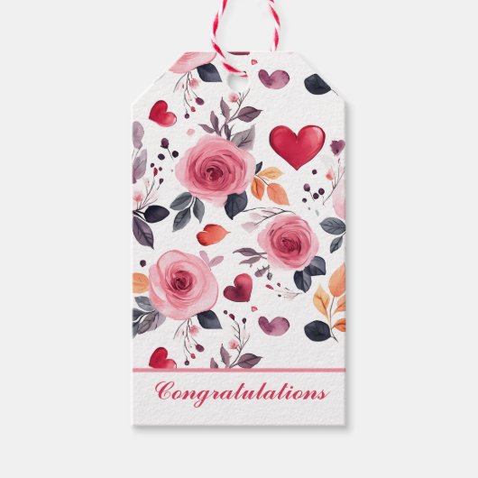 Étiquettes-cadeau Coeurs roses et Roses Félicitations (Devant)