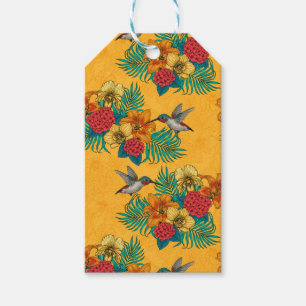 Étiquettes-cadeau Colibris et bouquet tropical en jaune
