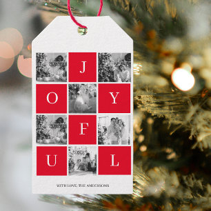 Étiquettes-cadeau Collage photo de Noël Red Joyful