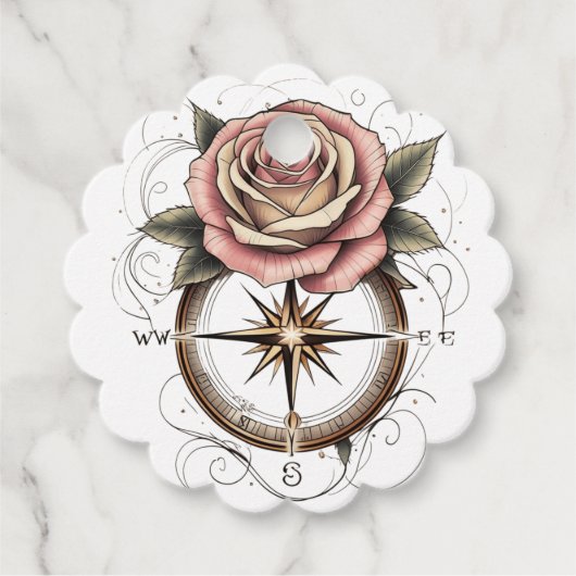 Étiquettes Cadeau Conception rose Boussole inspirée par le tatouage (Devant)