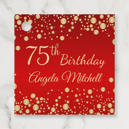Étiquettes Cadeau Confetti d'or sur rouge 75e anniversaire (Devant)