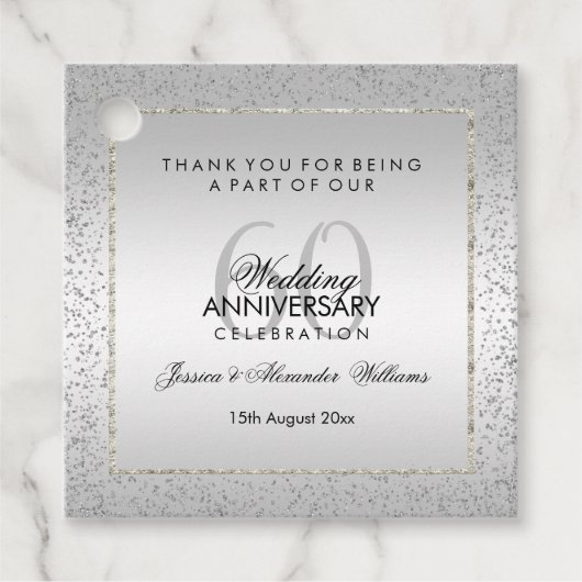 Étiquettes Cadeau Confetti en argent élégant 60e Merci Mariage (Devant)
