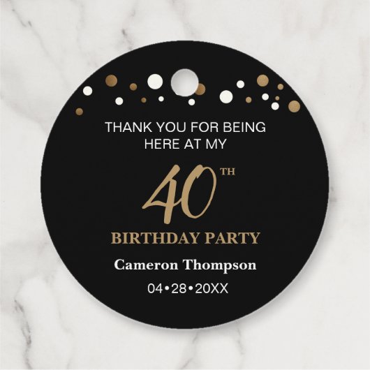 Étiquettes Cadeau Confetti en or noir personnalisé 40e anniversaire (Dos)