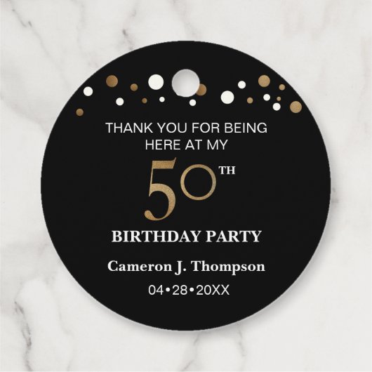Étiquettes Cadeau Confetti noir et or 50e fête d'anniversaire (Dos)