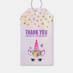 Étiquettes-cadeau Confetti rose unicorne tendance et Merci de fleurs