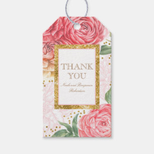 Étiquettes-cadeau Confettis d'or et fleurs roses d'aquarelle chics