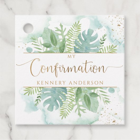 Étiquettes Cadeau Confirmation de la verdure et de l'aquarelle bleue (Devant)