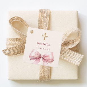 Étiquettes Cadeau Confirmation rose pâle noeud papillon ivoire croix