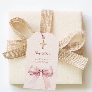 Étiquettes-cadeau Confirmation rose pâle noeud papillon ivoire croix
