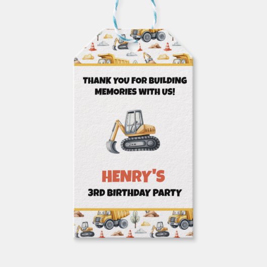 Étiquettes-cadeau Construction Joyeux Anniversaire Merci Nom Pelle (Devant)