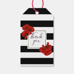 Étiquettes-cadeau Coquelicots rouges sur fond rayé noir et blanc
