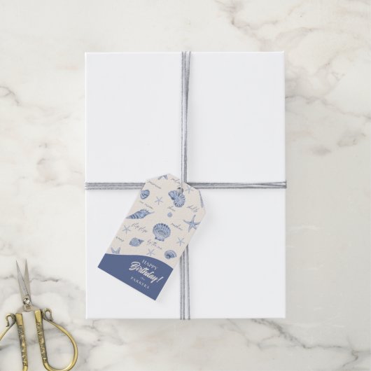 Étiquettes-cadeau Coques Starfish Sun Fun Texte bleu ID918 (Avec de la ficelle)