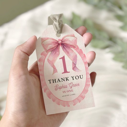 Étiquettes-cadeau Coquette à mâchoires roses 1er anniversaire