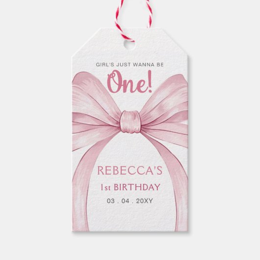 Étiquettes-cadeau Coquette Bow rose Premier anniversaire (Devant)