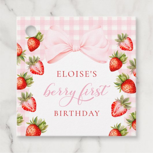 Étiquettes Cadeau Coquette fraise premier anniversaire (Devant)