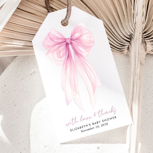 Étiquettes-cadeau Coquette rose Bow Aquarelle bébé fille douche