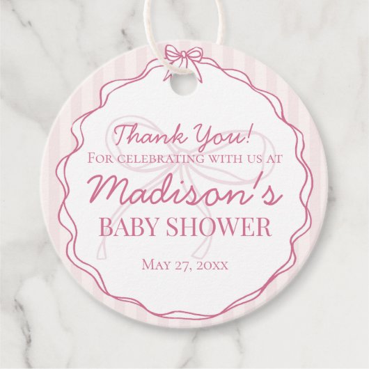 Étiquettes Cadeau Coquette Rose Bow Pastel Baby shower rayé (Devant)